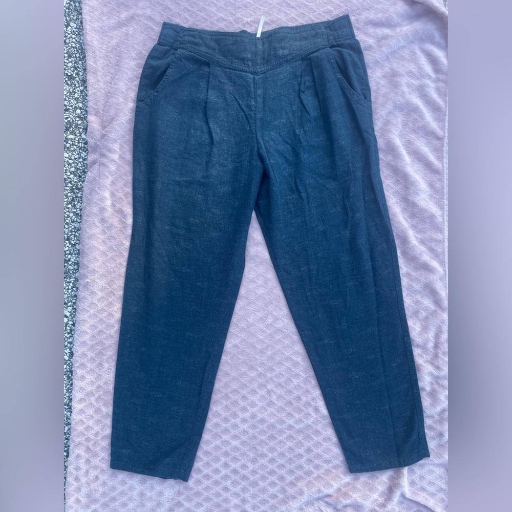 Free People Clean Linen Straight Leg Trouser Pants Navy Blue Size M